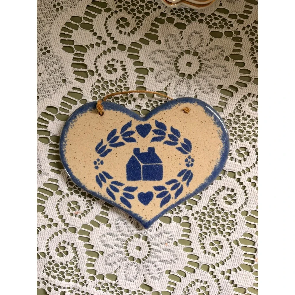 Vintage Folk Art Ceramic Heart Wall Plaque Blue Salt Glaze House Signed KM